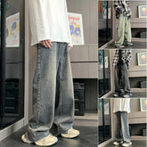 Hearujoy Korean Fashion Men's Vintage Blue Jeans Classic All-match Solid Color Straight-leg Denim Wide-leg Pants Male Black/Green